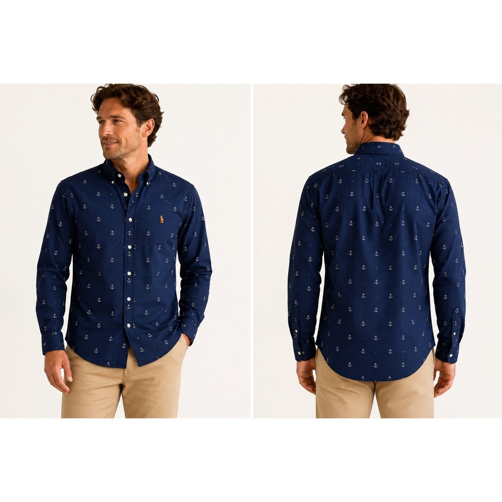 Polo Ralph Lauren Classic Fit Anchor Print Button Down Shirt Men's Medium Navy